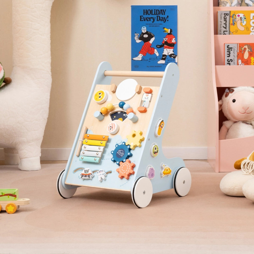 Girello in legno per bambini di apprendimento a spinta ea trazione, Girello in legno per bambini con ruote Blu-Primi passi
