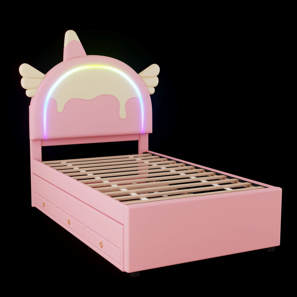 Letto Estraibile 90×200 cm; Singolo con Testiera a Unicorno e Letto Estraibile; senza Materasso; Rosa