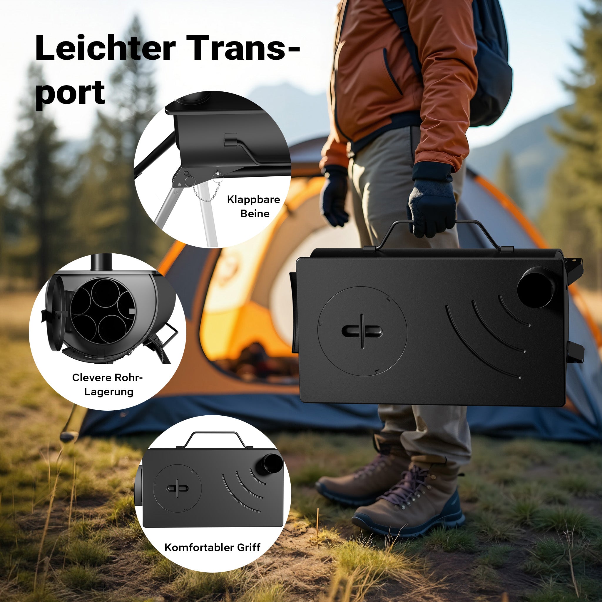 Stufa a legna da campeggio in acciaio (Q235), robusta stufa da tenda 85 x 57,5 x 238 cm, stufetta portatile, riscaldamento da tenda