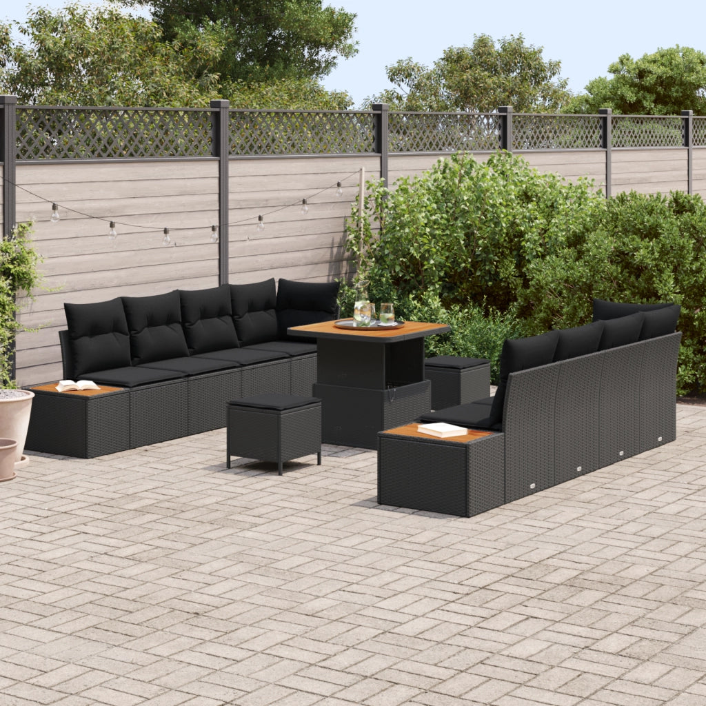 Set Divano da Giardino 11 Pezzi con Cuscini Nero Polyrattan Acacia