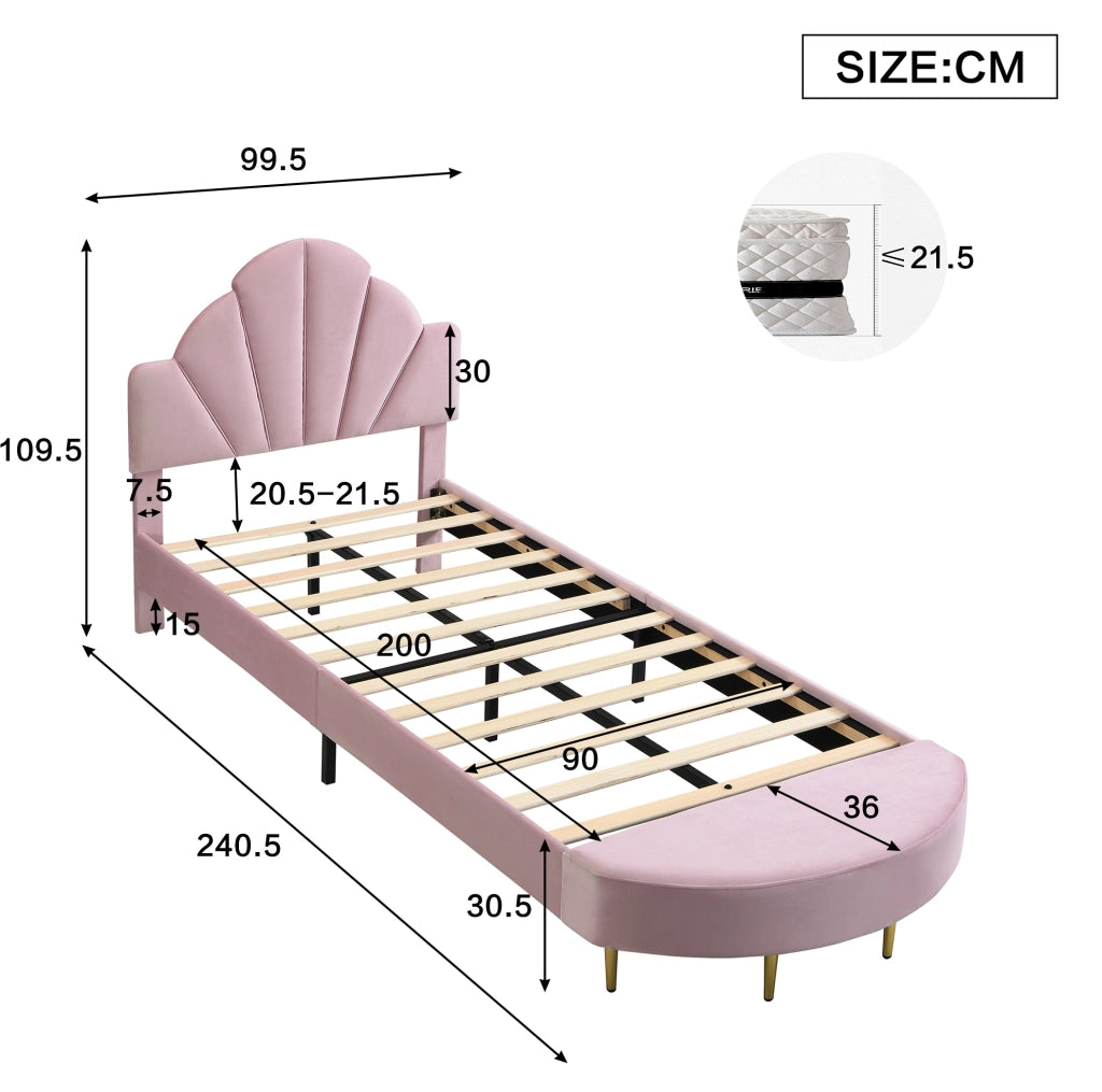 Letto imbottito 90x200 cm con testiera in velluto; panca coordinata e bordi anticolpo rosa