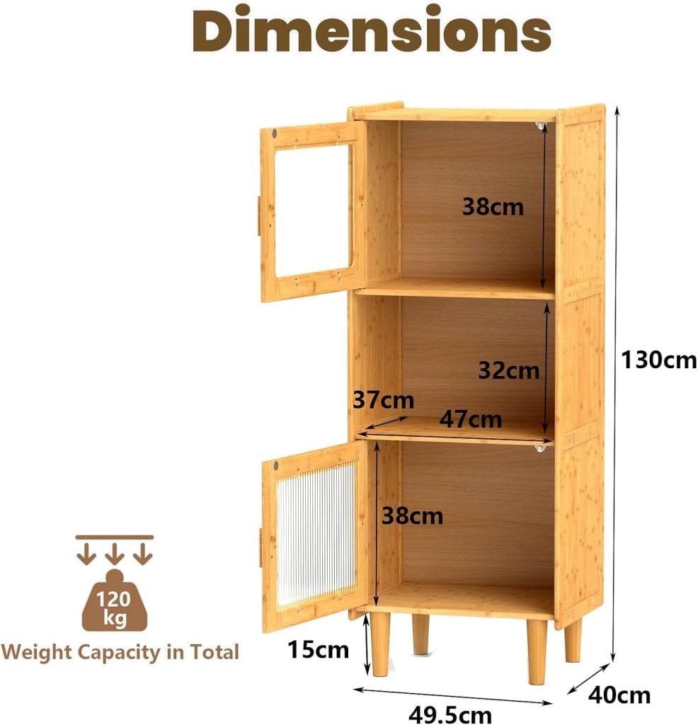 Credenza Cucina Salvaspazio in Bambù, Armadio Dispensa a 3 Cubi, Colonna Cucina con 2 Ante in Acrilico, Kit Anti-Ribaltamento per Sala da Pranzo, Studio, Soggiorno, 49,5x40x130 cm, Naturale