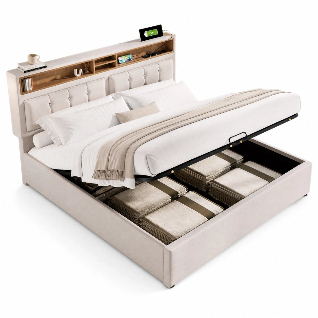 LETTO Contenitore 140x200 cm in lino beige con testiera regolabile e USB