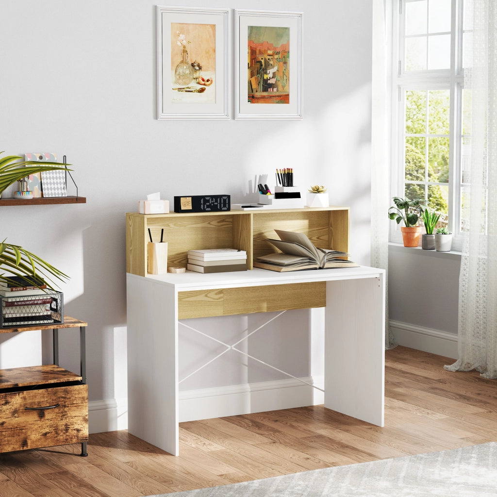 Scrivania con scaffale e 2 cassetti ¨C Zephmum ¨C Bianco e legno naturale 110x50x102,6 cm