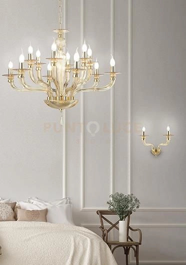 LAMPADARIO VILLA VETRO E METALLO 12 LUCI ORO E AMBRA ATTACCO E14 D.85CM
