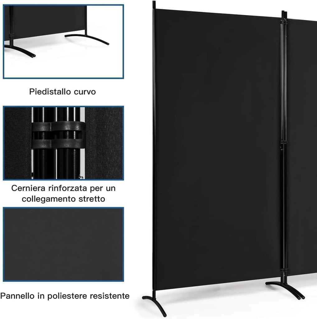 Paravento da Interno in Metallo, Separé Divisorio Interno Pieghevole con Piedini Stabili, Pannelli Divisori per Interni per Casa e Ufficio, 260 x 183cm, 3 Pannelli, Nero