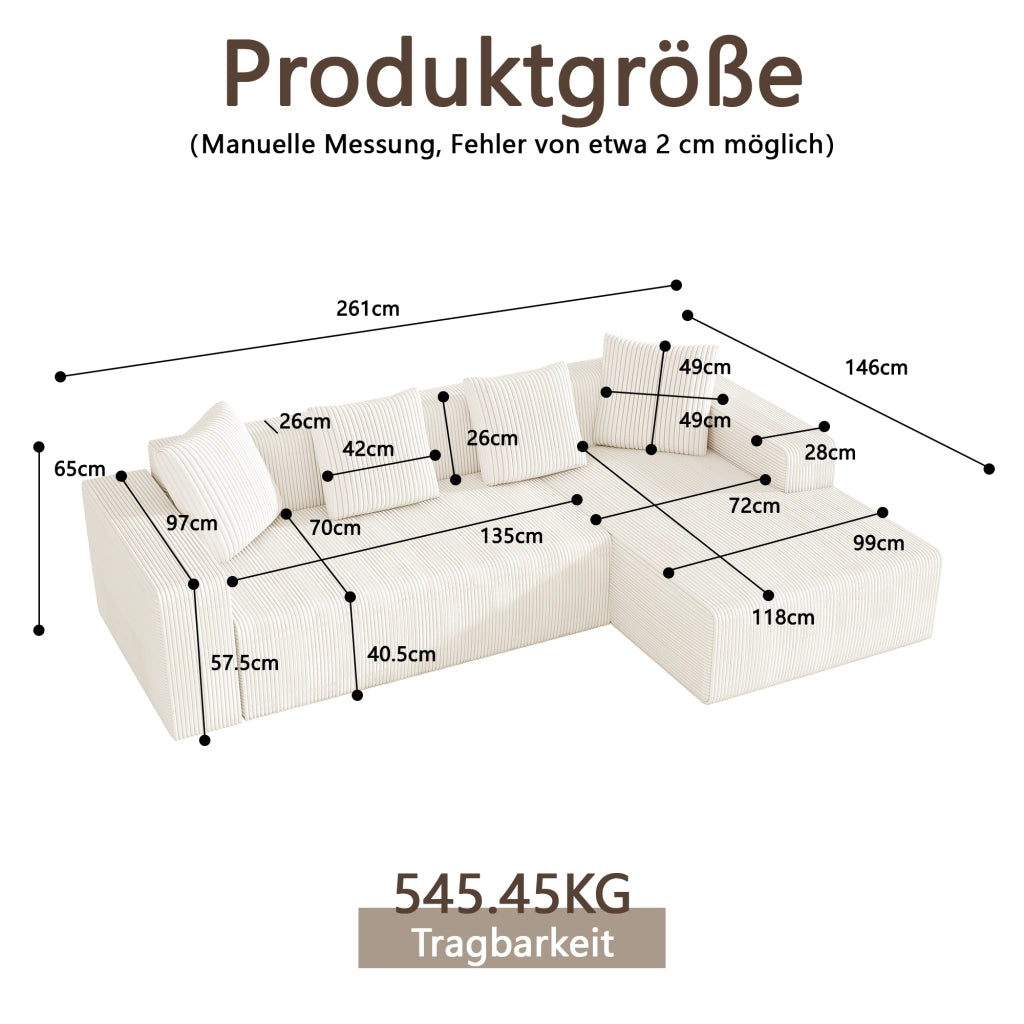 Divano angolare modulare 3 posti con seduta profonda e 4 cuscini, velluto a coste bianco 261 × 146 × 65 cm