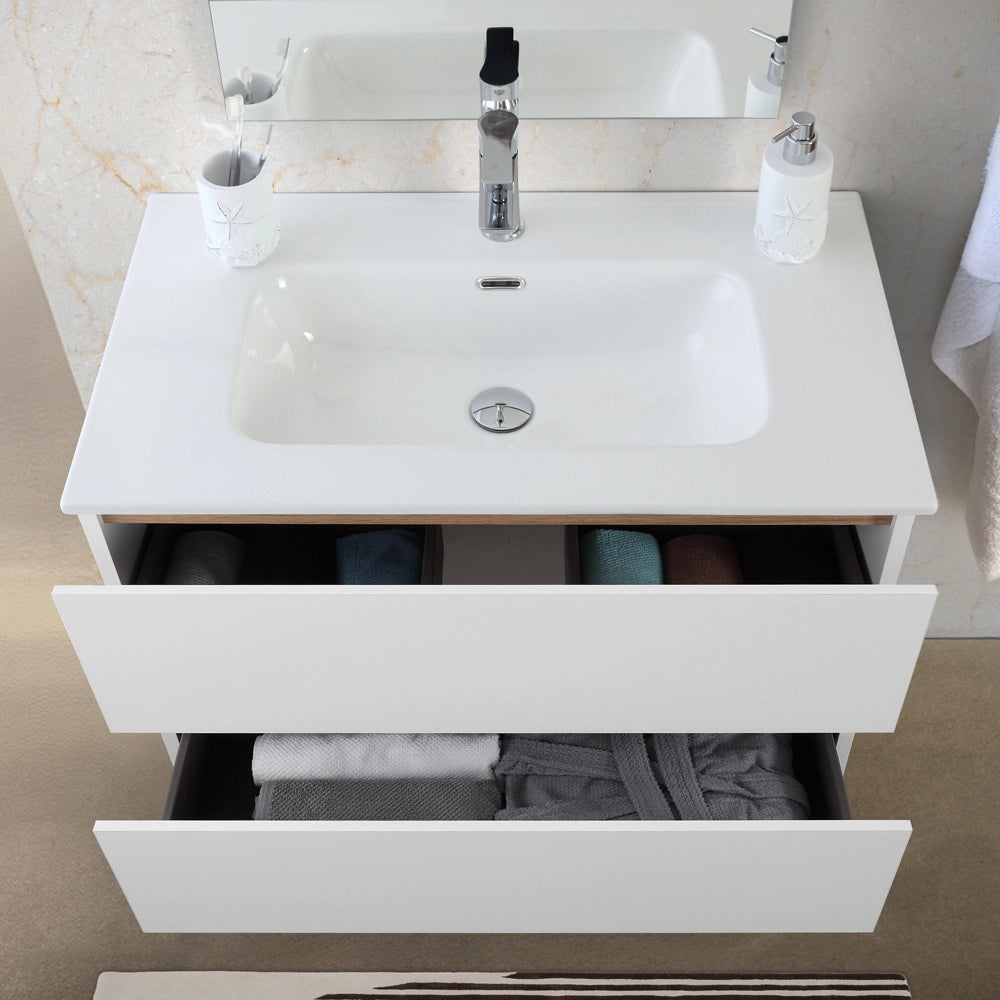 Mobile bagno a terra 80 cm bianco e rovere con cassetti soft-close Kleo