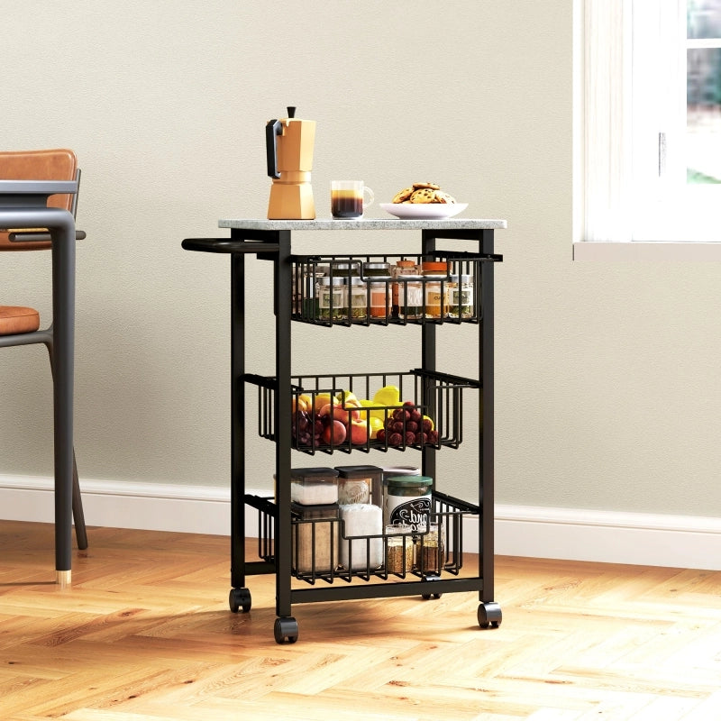 Carrello da Cucina con 3 Cestelli Estraibili e Ruote; con Maniglia; per Cucina o Bar; Legno; 49;5 x 31 x 69 cm; Grigio Chiaro