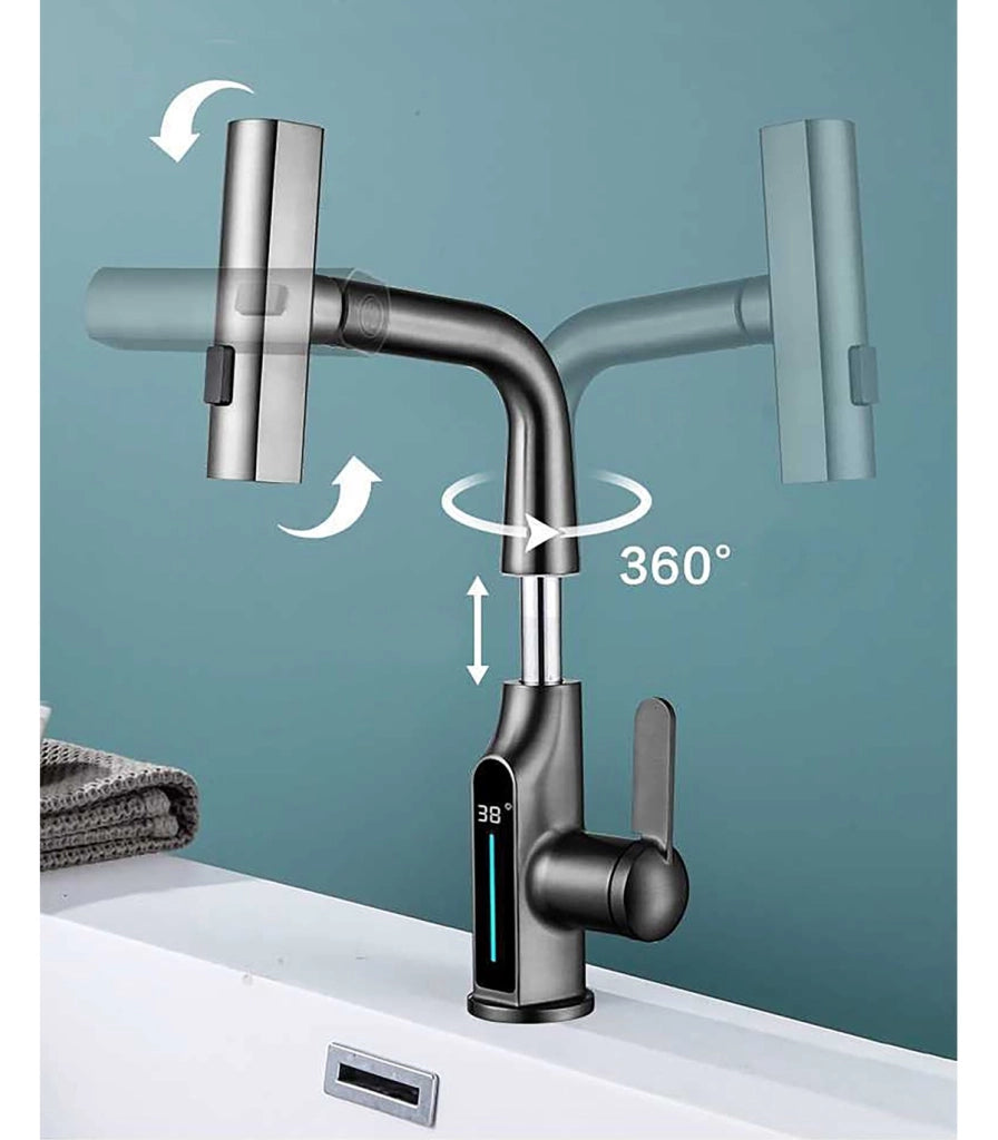 Rubinetto Lavandino Display LED Temperatura LH-189 | Lega | Estraibile 3 modi | Altezza regolabile per Lavare Testa