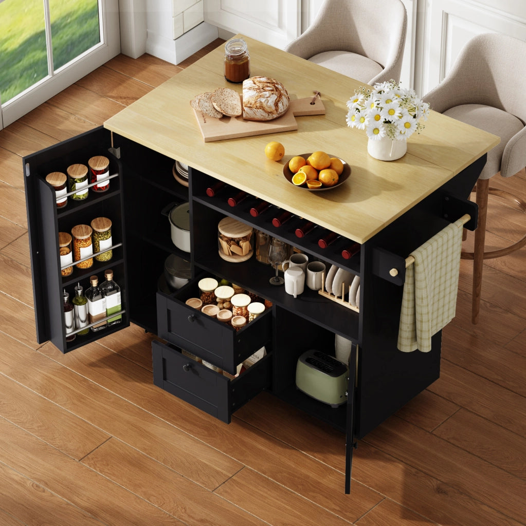 Carrello isola da cucina pieghevole 104x45(69)x89 cm in MDF naturale e nero