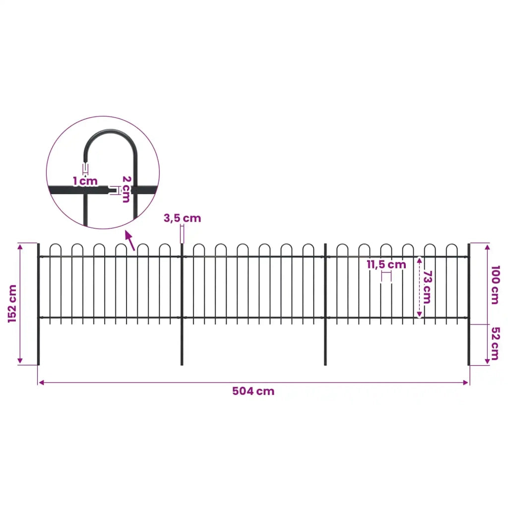 Recinzione da Giardino con Parte Superiore ad Anello in Acciaio 504x100 cm Nera 277658
