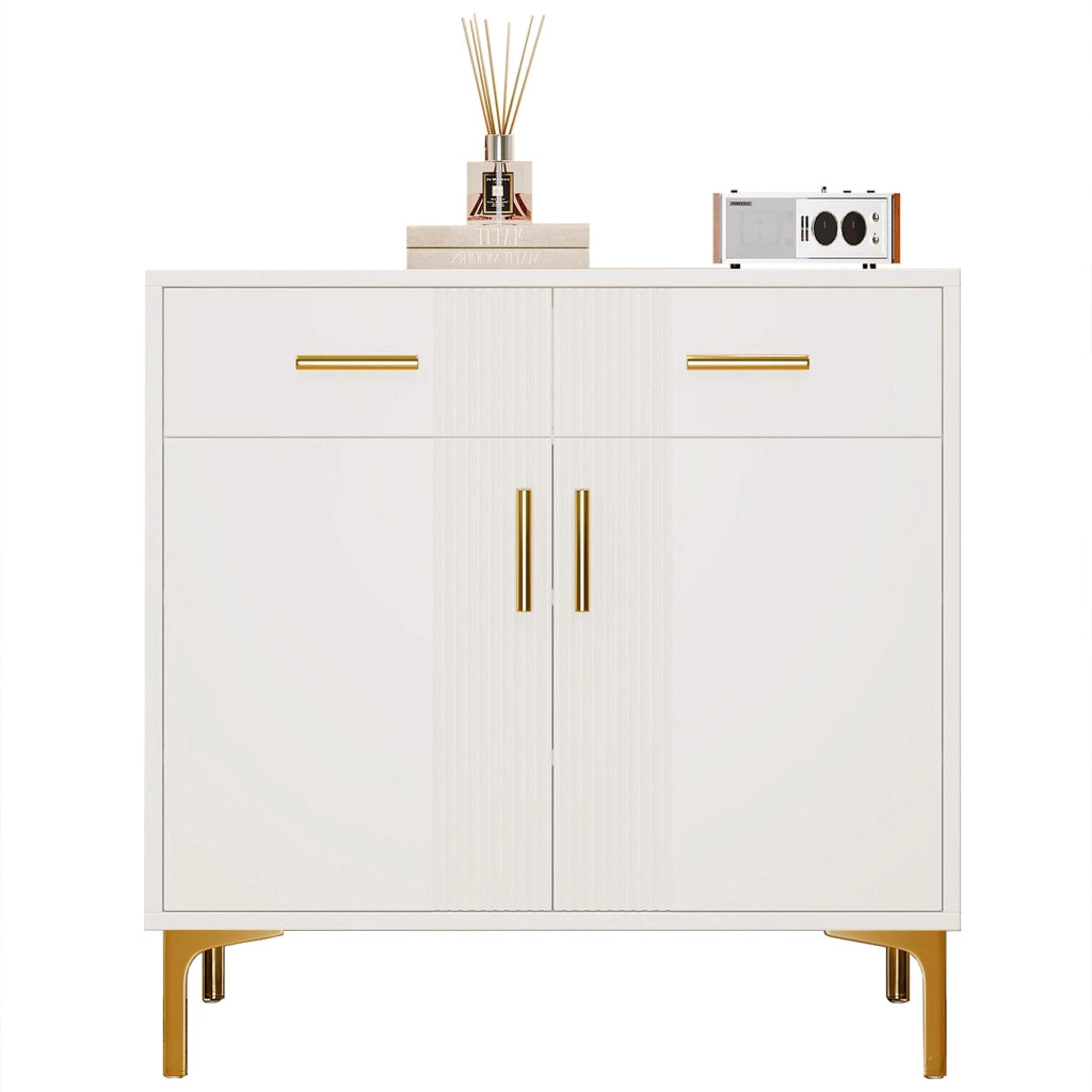 Credenza moderna bianca con 2 ante e 2 cassetti, struttura in MDF, sistema antiribaltamento, 80 x 35 x 79,5 cm