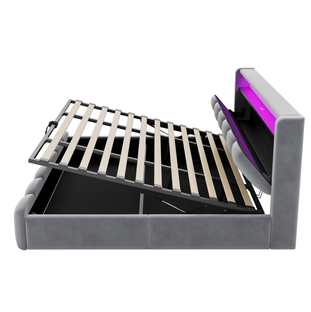 Letto matrimoniale 180x200 cm con contenitore idraulico, LED, USB e USB-C in velluto grigio