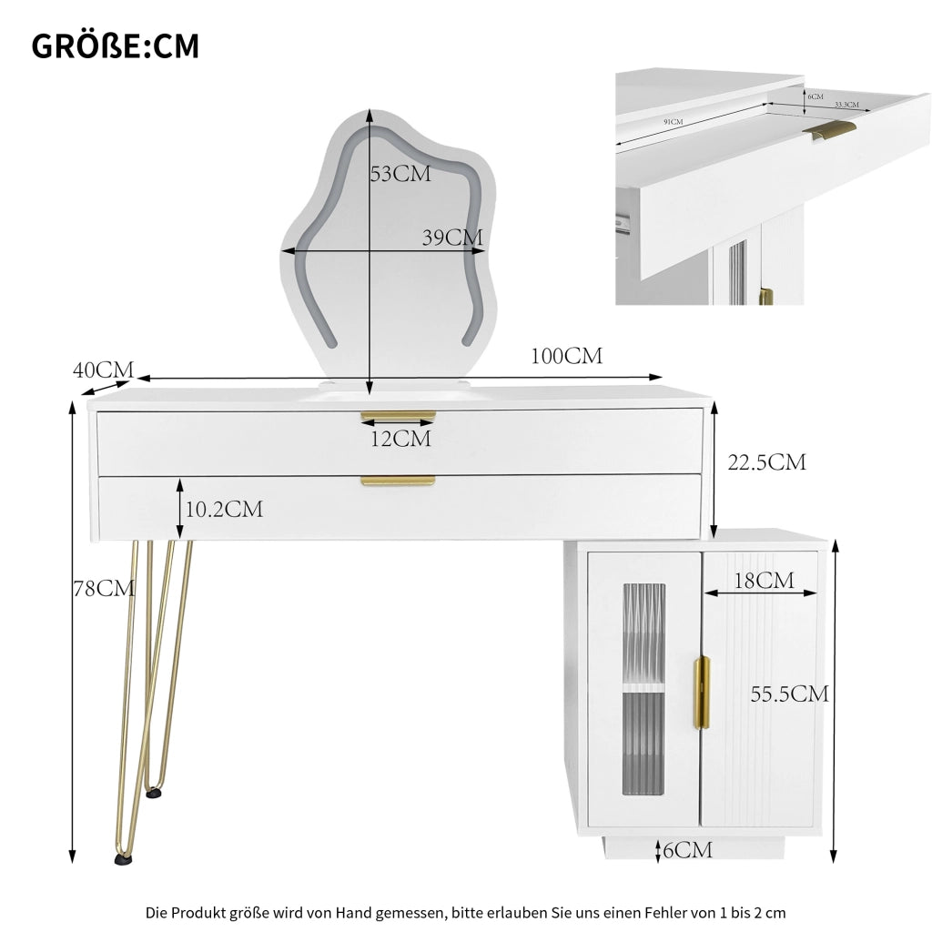 Toeletta con 2 Cassetti e Specchio LED Estensibile Reversibile per Camera da Letto in Truciolare Bianco 100×40×78 cm