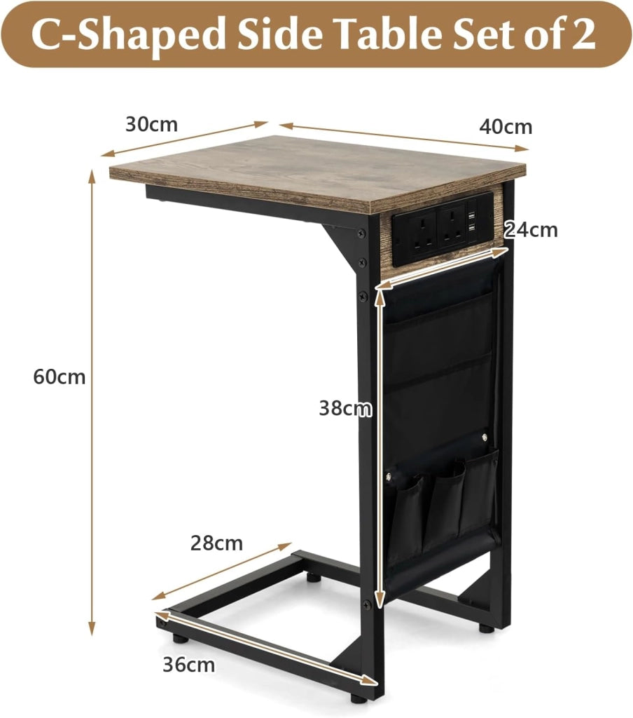 Set di 2 tavolini a forma di C con stazione di ricarica, estremità del divano con borsa laterale, 2 prese e 2 porte USB, comodino, per soggiorno, camera da letto, 40 x 30 x 60 cm