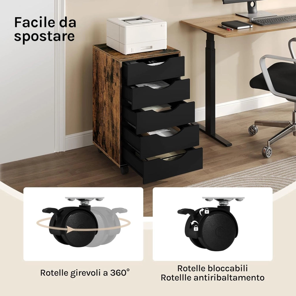 Scrivania a Piedistallo con 5 Cassetti, Schedario Rotante, Comodino, Mobile per Ufficio, Camera da Letto, in Legno Ingegnerizzato PB, Marrone Rustico, 40x40x66,5cm