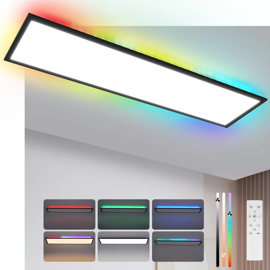 ZMH Plafoniera LED 100x25 cm Dimmabile RGB a Soffitto Piatto con Telecomando 24W Nero Rettangolare per Ufficio