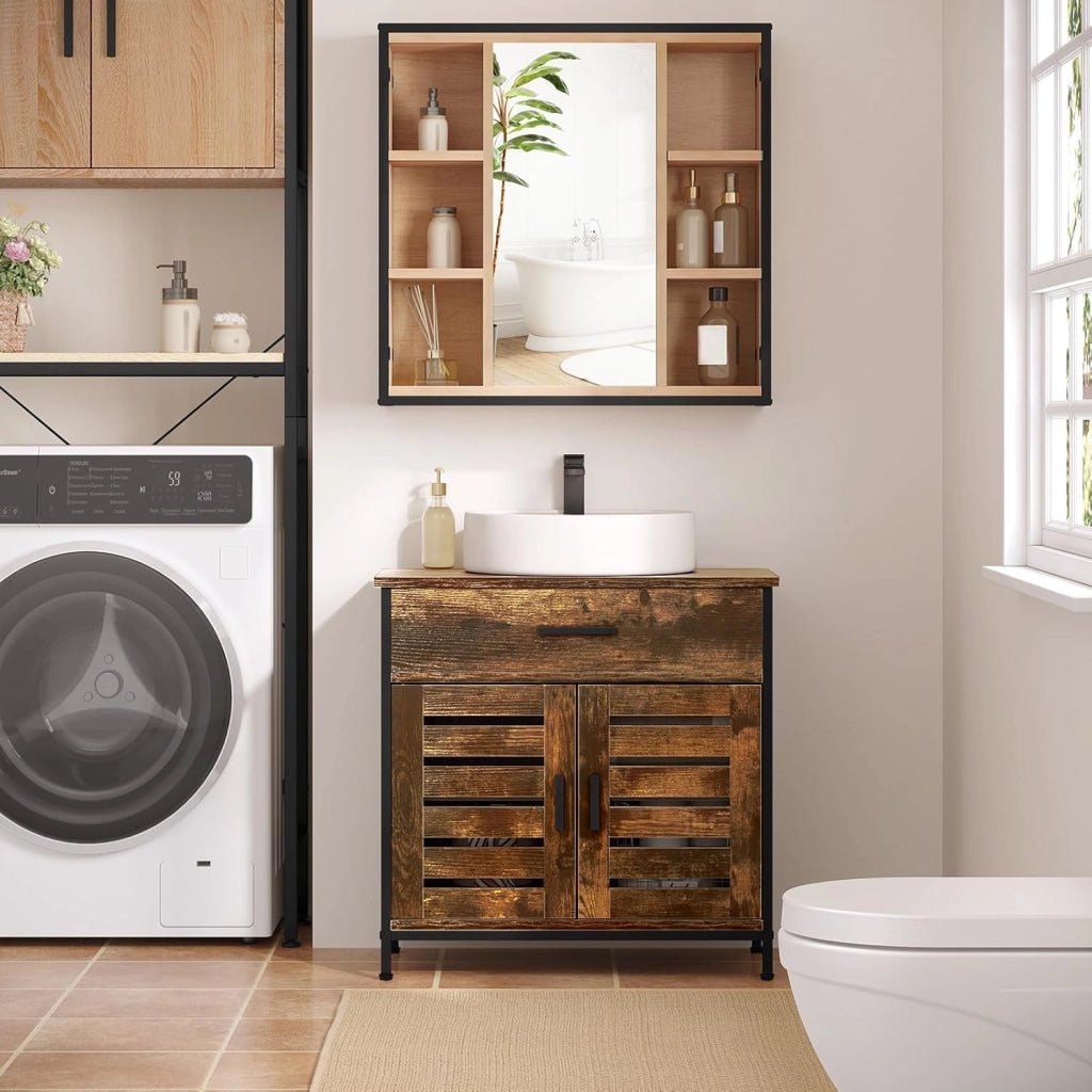 Mobiletto, Mobile Lavabo, Mobile Bagno, con 1 Cassetto Grande, 2 Ante a Ribalta, Ripiano Regolabile, MDF, 60x30x60cm, Marrone Rustico
