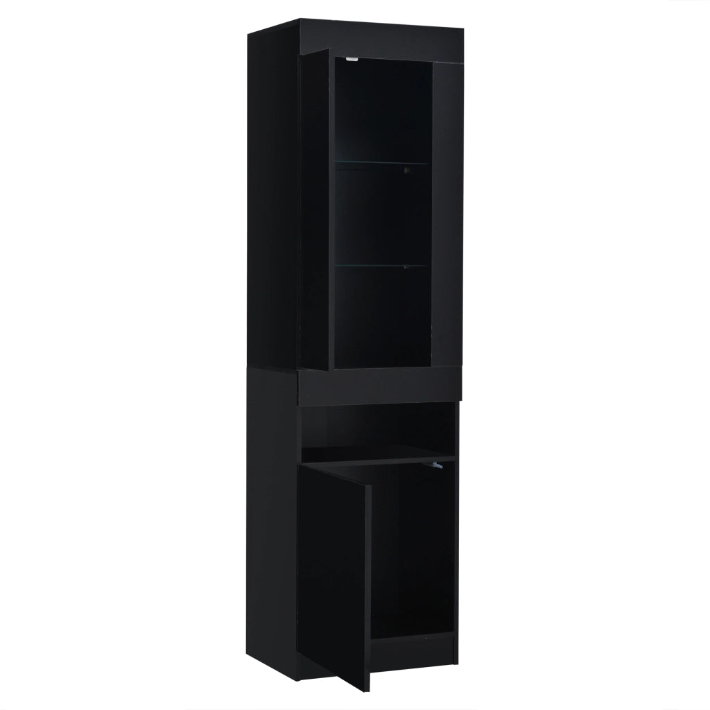 Vetrina con led e 1 anta semicoperta, 2 ripiani in vetro e vani aperti, stile moderno, per soggiorno e ufficio, nero, 50 × 40 × 180 cm