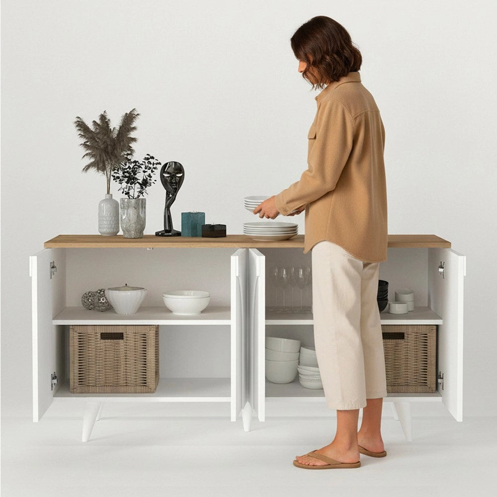 Madia Bono Bianca con 4 Ante ad Arco e Piano Rovere 150 cm