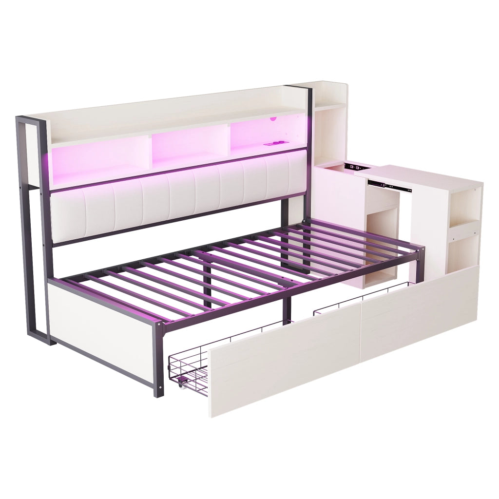 Letto singolo 90×200 cm con cassetti; scrivania estraibile e prese integrate; senza materasso; bianco