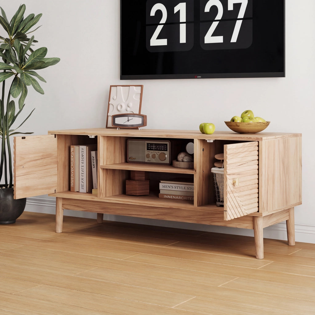 Mobile TV in stile Mid-Century con ampio spazio contenitivo, colore rovere, per TV fino a 32/45 pollici