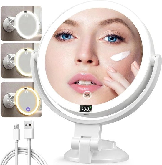 Specchio di trucco illuminato con ingrandimento 20x e funzione di rotazione