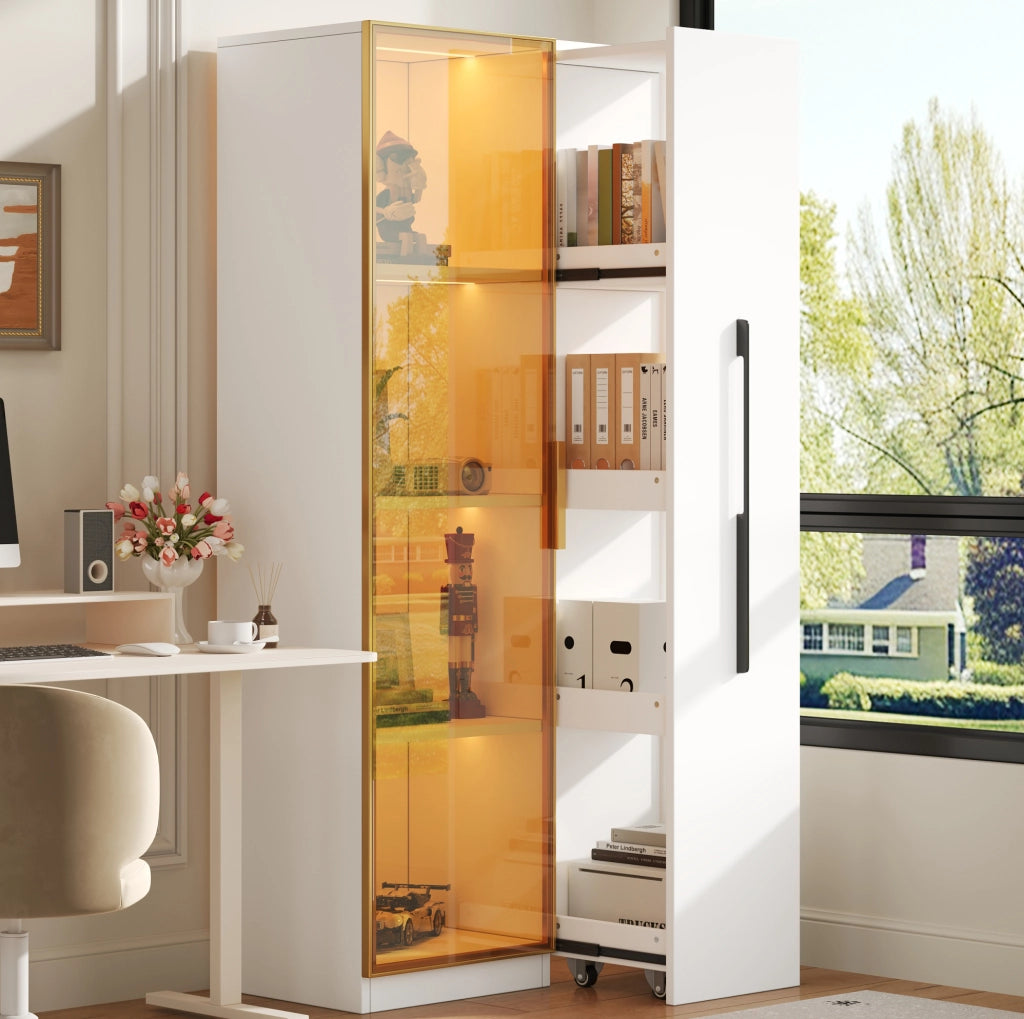 Vetrina moderna 70x40x160 cm con illuminazione LED; vano laterale; in MDF bianco