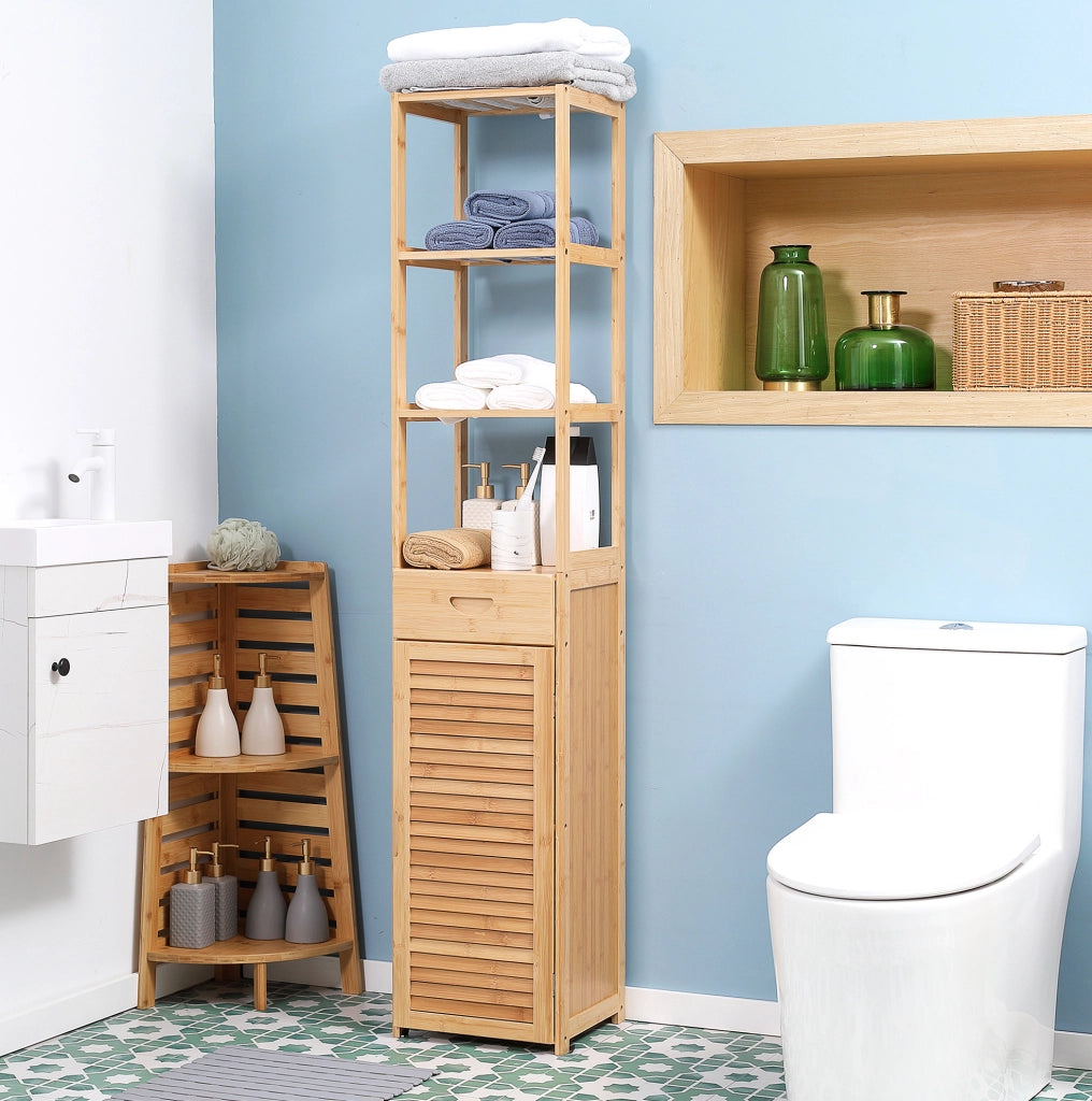 Colonna bagno in bambù con cassetto e anta a lamelle