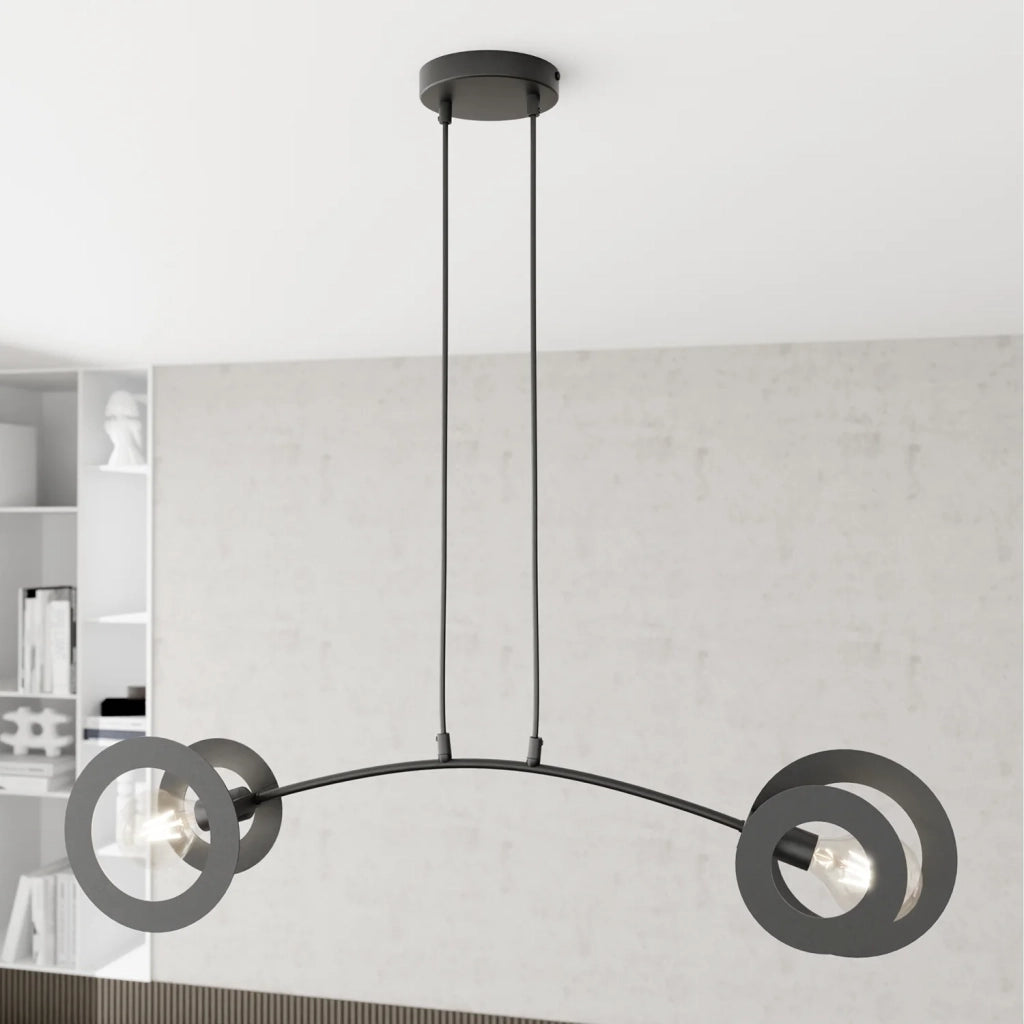 Lampadario 2 Luci Crono In Acciaio Nero A Bracci E Diffusori A Doppio Cerchio