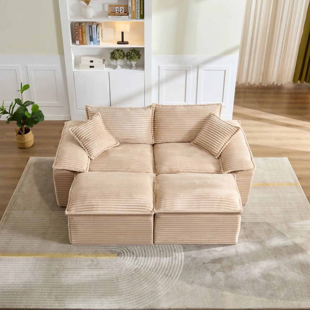 Divano a 2 posti in tessuto a coste con pouf, schiuma ad alta resilienza e molle, beige 206 × 158 × 66 cm