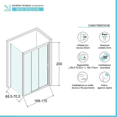 Box doccia 70x170 cm con porta scorrevole trasparente H 200 cm Ted