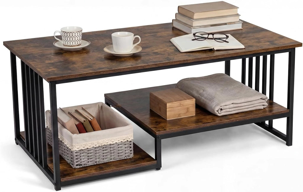 Tavolino da Caffè Rettangolare con 2 Ripiani Portaoggetti e Struttura in Metallo Resistente, Tavolo dallo Stile Moderno, Tavolino Cocktail per Soggiorno e Lounge, 110 x 60 x 45 cm (Nero)