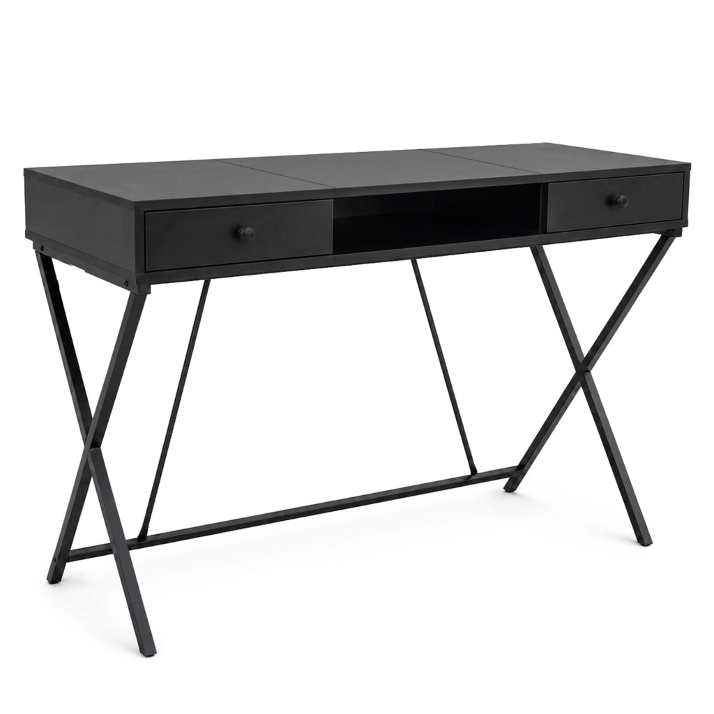 Scrivania PC industriale Nero CROSSLINE 120 cm 2 cassetti 1 ripiano gambe nere