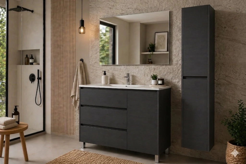Mobile Bagno VOLUM Già Montato 3 cassetti e porta, lavabo e specchio Grafite 90x40 cm con colonna