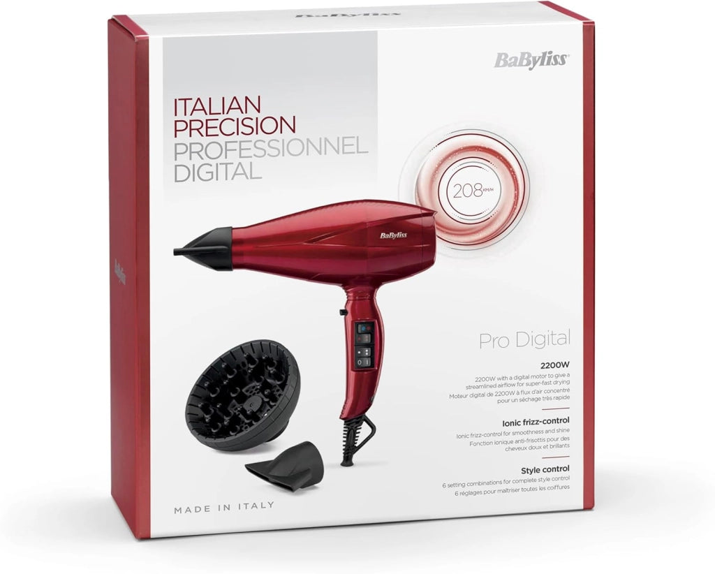 Asciugacapelli Made In Italy con Motore Digitale 2200W, Phon Capelli, asciugatura ultra-rapida, funzione ionica, 3 temperature, 4 velocità, tasto turbo, diffusore, concentratori, rosso