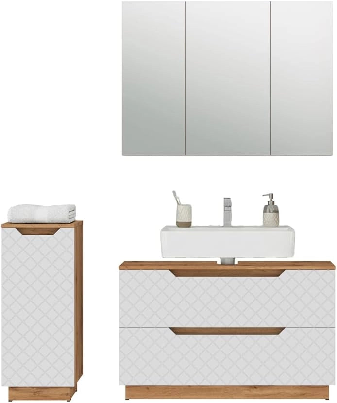 Set di mobili da bagno Lotta, Rovere/bianco con struttura in piastrelle, 3 parti