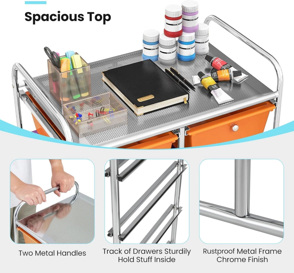 Carrello con 10 cassetti, impilabile, carrello per cassetti, carrello da cucina con ruote bloccabili, carrello per cucina, bagno, ufficio, 65,5 x 37 x 87 cm, colorato