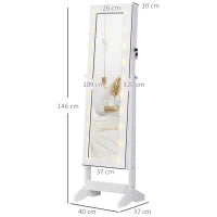 Armadio Portagioielli Portagioie Specchio Regolabile 20 Luci LED, Legno, Bianco, 40x37x146 cm