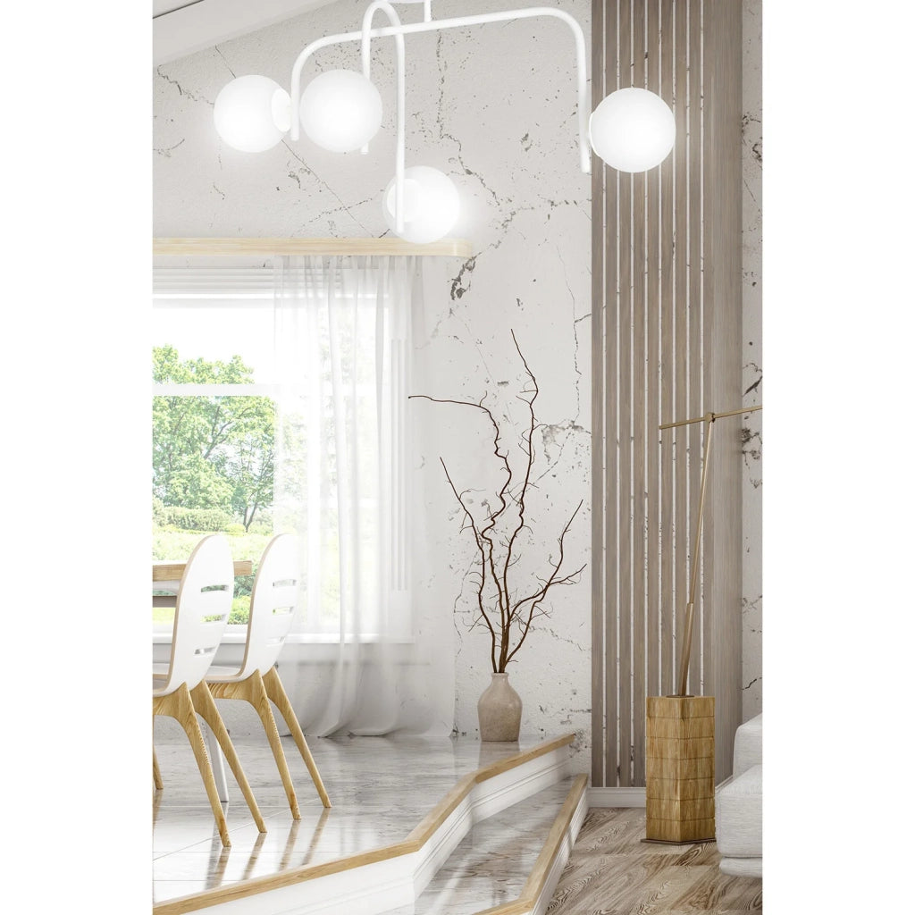 Lampadario 4 Luci Rama In Acciaio Bianco A Bracci E Sfere In Vetro Opalino