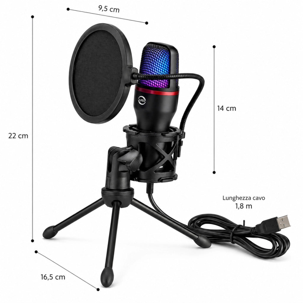 MICROFONO USB A CONDENSATORE TREPPIEDE FILTRO POP RGB STREAMING PODCAST AS-06022