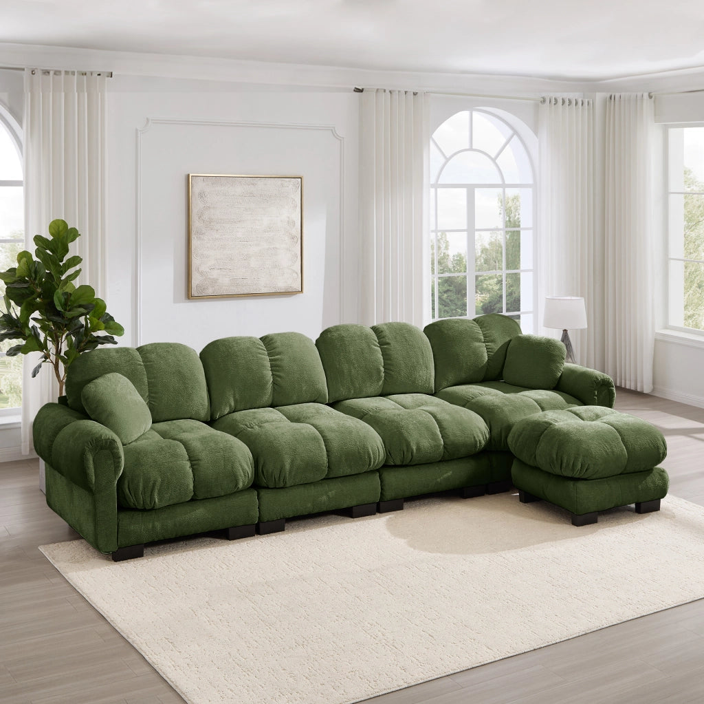 Divano angolare modulare a L in chenille verde con pouf mobile; 330x149x90 cm