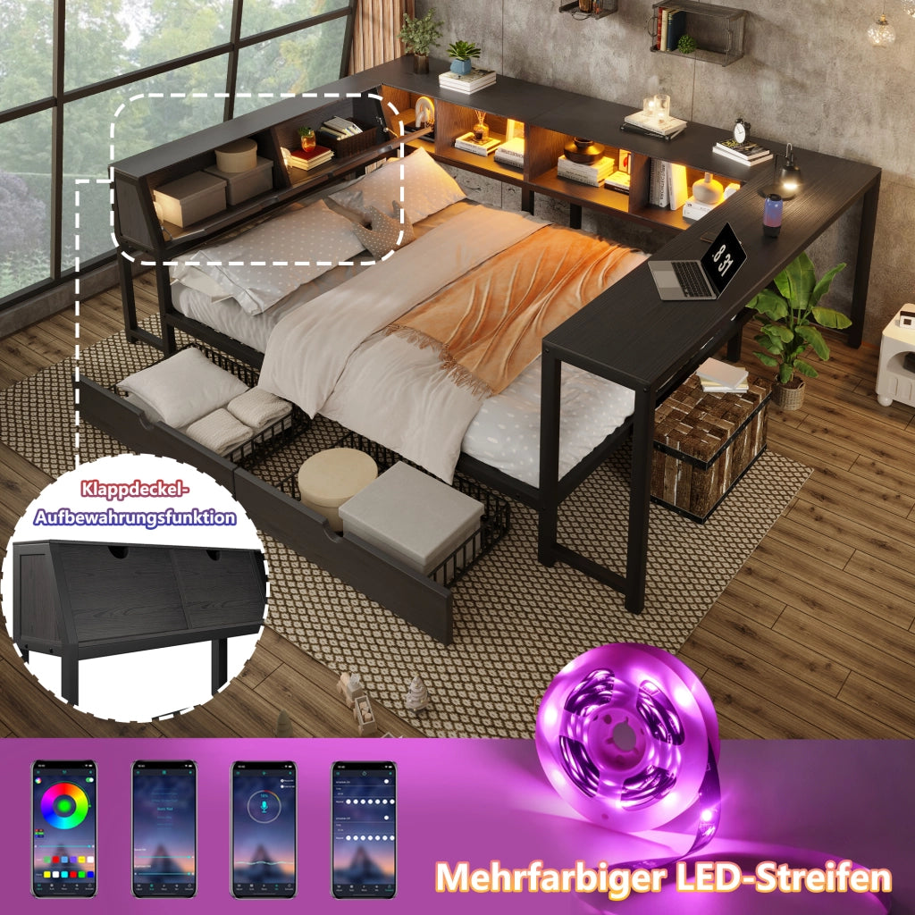 Letto in metallo 140x200 multifunzionale con scrivania integrata, testiera contenitore e LED, nero