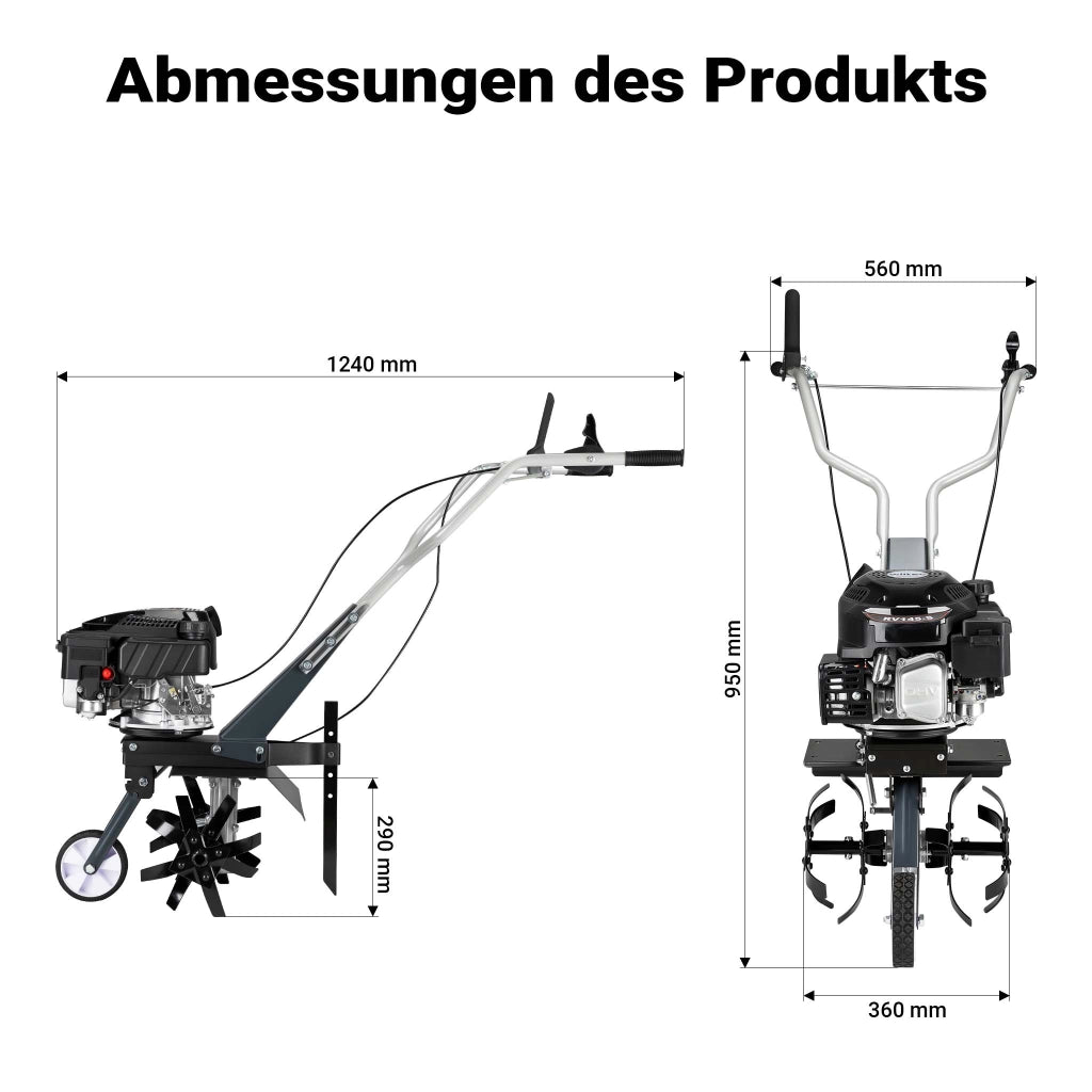 Motozappa a scoppio, fresa a scoppio, larghezza di lavoro 36 cm, profondità di lavoro 25 cm, motore a benzina a 4 tempi, 2,5 kW, 144cc , 4 set di lame