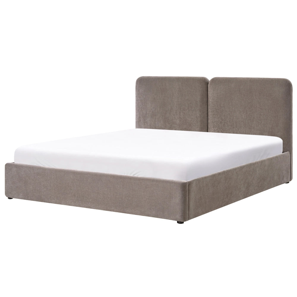 Letto ottomano color tortora in tessuto di ciniglia 180 x 200 cm Testiera imbottita Rete a doghe sollevabile