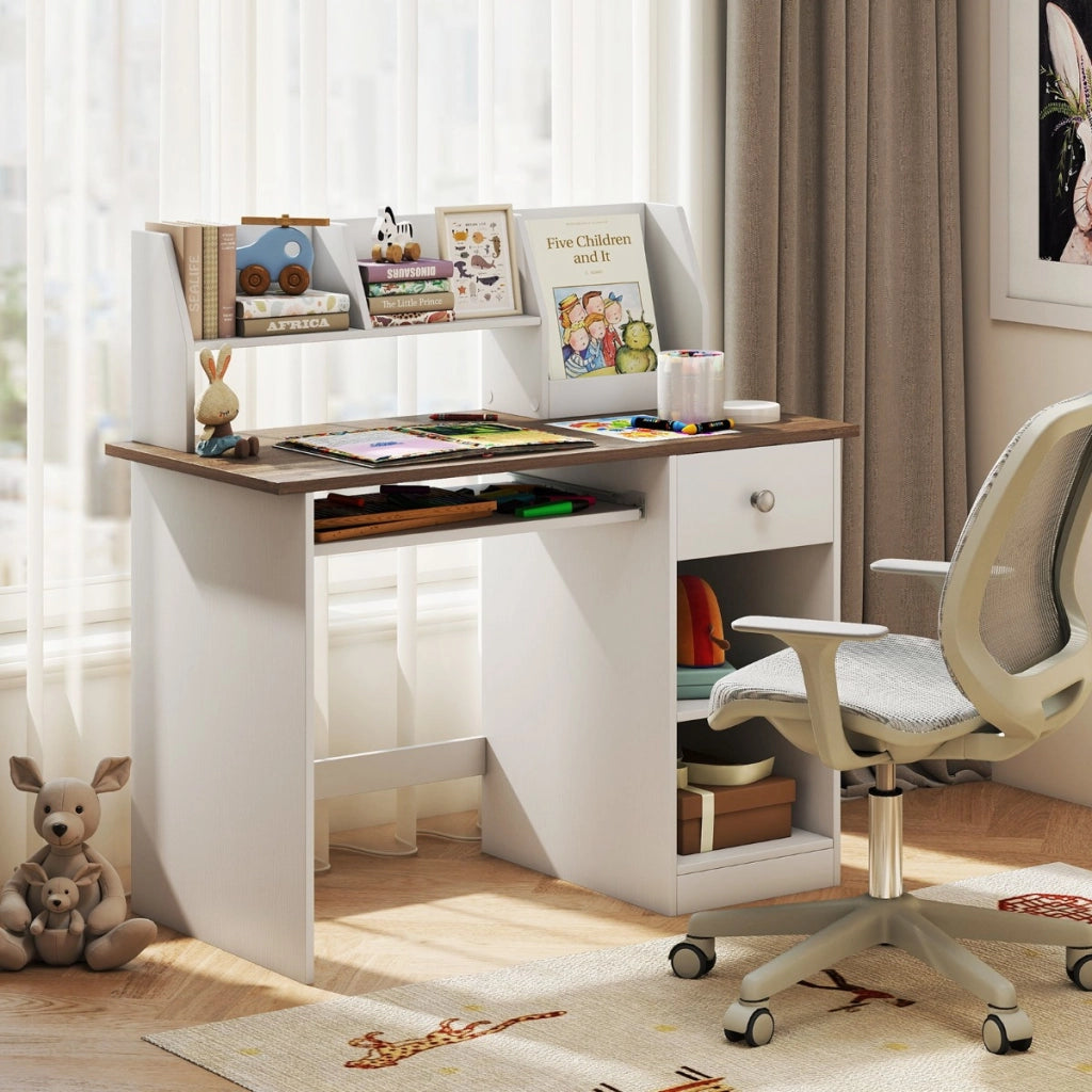 Scrivania per bambini legno con vassoio per tastiera e cassetto-Scrivania per bambini libreria laterale e mensole superiori Legno Naturale