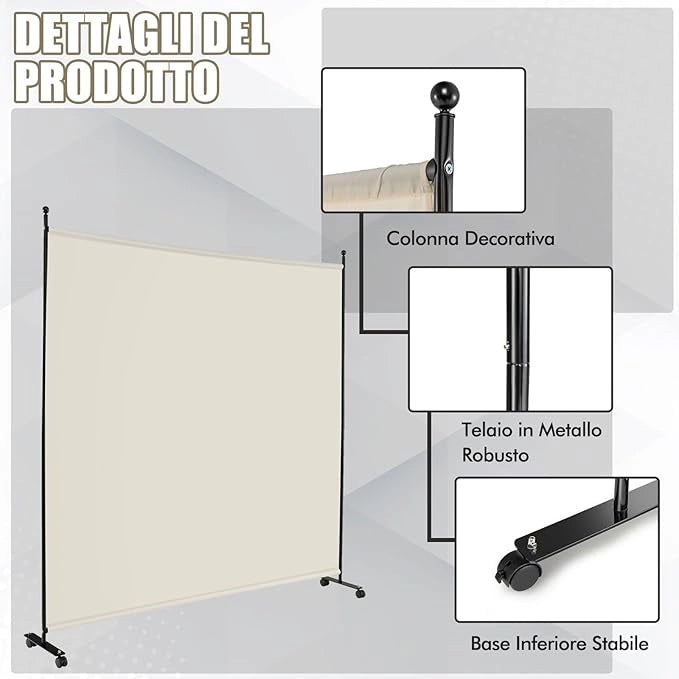 Separé Divisorio Singolo 184 x 184 CM, Paravento da Interno ed Esterno con Ruote Bloccabili, Pannello Divisorio per Ambienti Interni Portatile da Soggiorno Camera da Letto e Ufficio (Bianco)