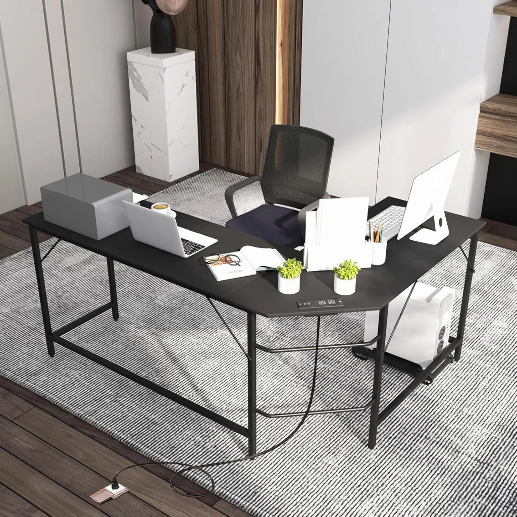 Scrivania angolare per computer, scrivania per computer a forma di L con prese di corrente, supporto per computer, scrivania con porte USB, design poco ingombrante (nero)