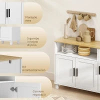 Credenza Cucina con Ante Ammortizzate, 2 Armadietti e Vano Aperto in Legno, 110x33x75 cm, Bianco